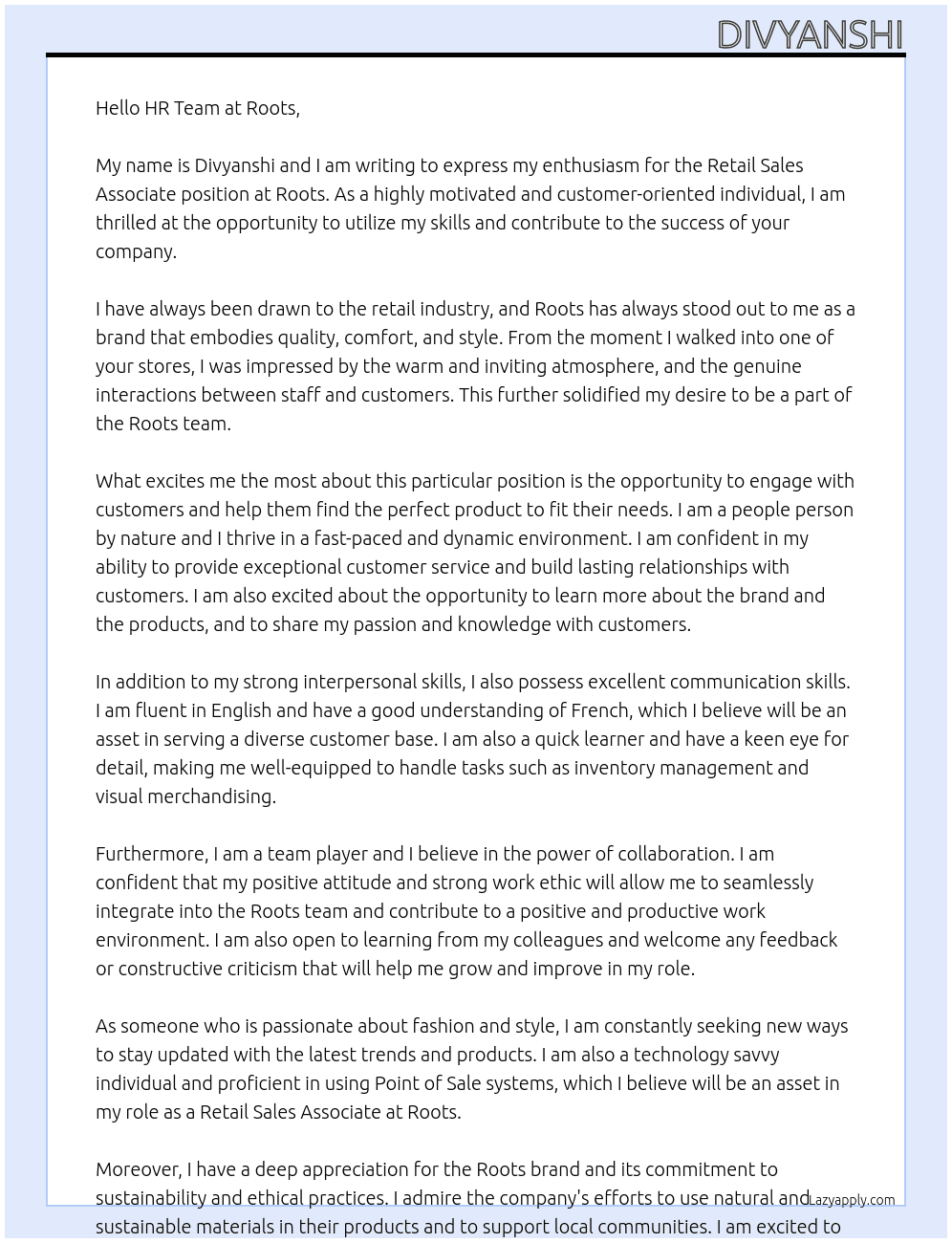 retail sales associates At roots Cover Letter