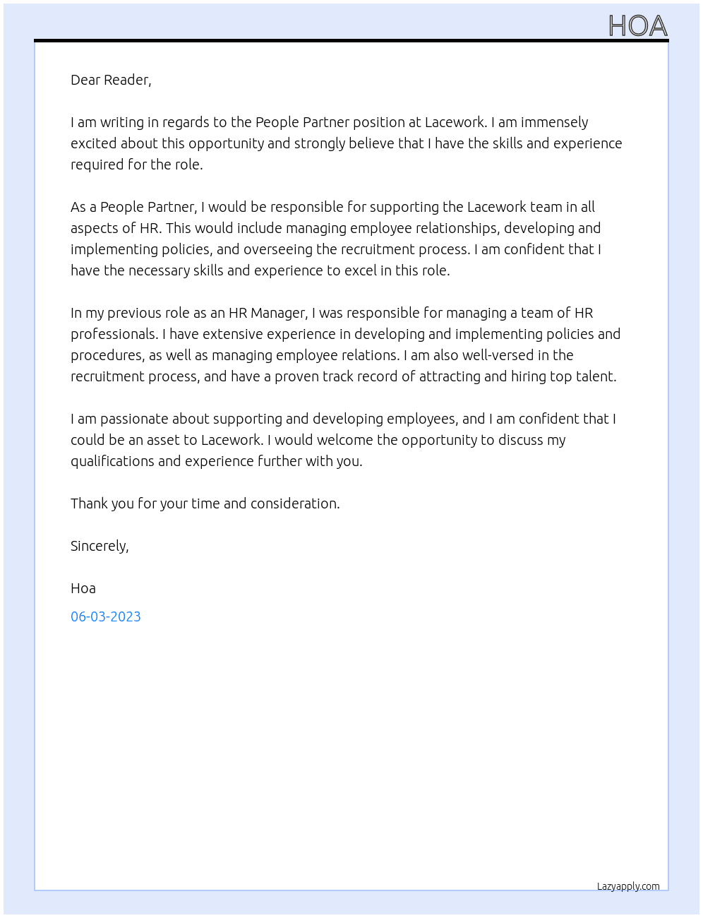 People Partner At Lacework Cover Letter