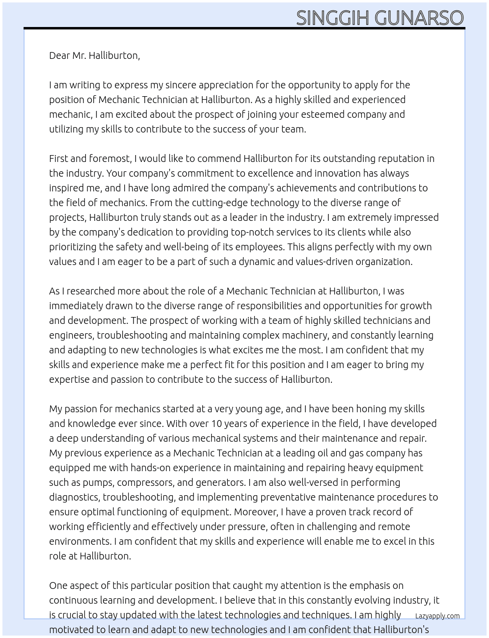 Mechanic Technician At Halliburton Cover Letter