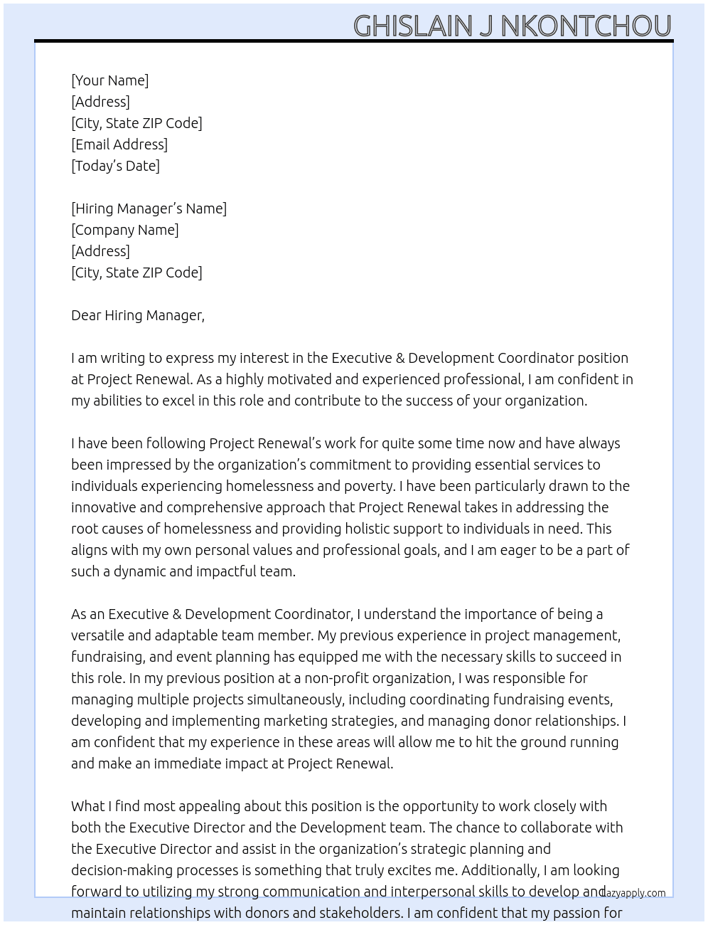 Executive & Development Coordinator At Project Renewal  Cover Letter