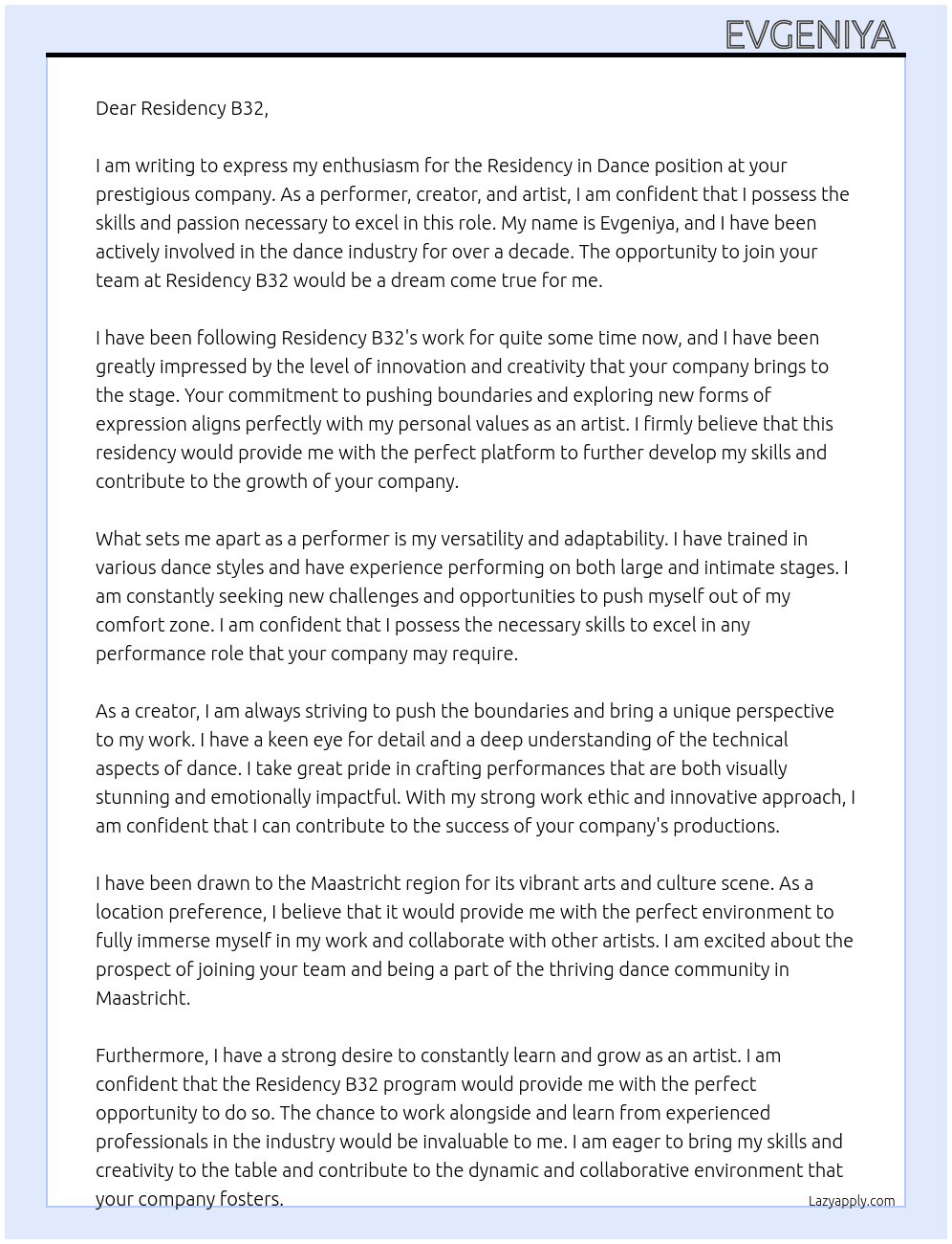 Residency in dance At Residency B32 Cover Letter