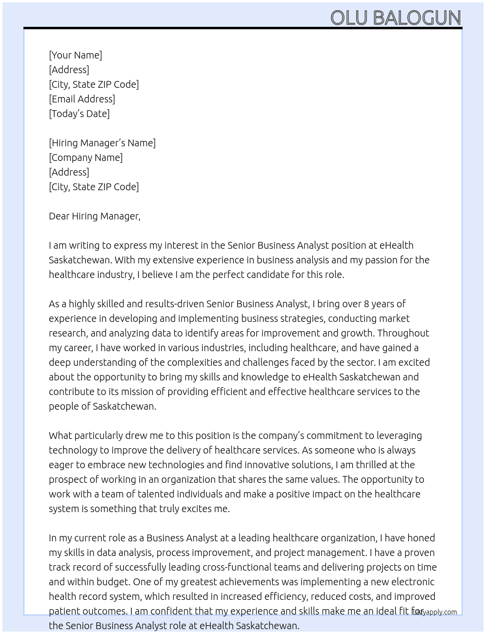 Senior Buiness Analyst At eHealth Saskatchewan Cover Letter