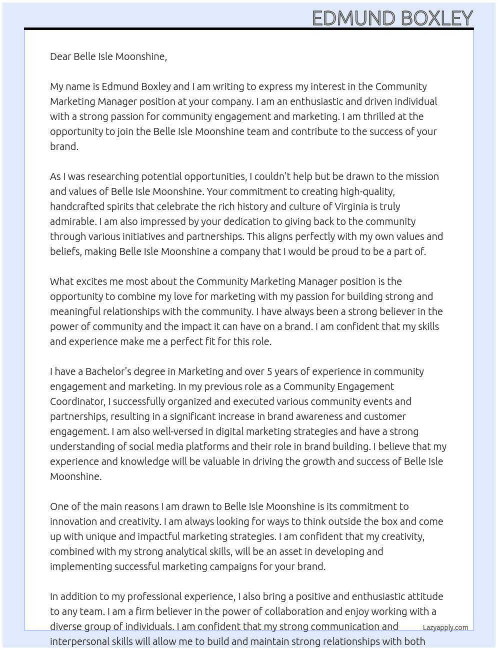 Community Marketing Manager At Belle Isle Moonshine Cover Letter
