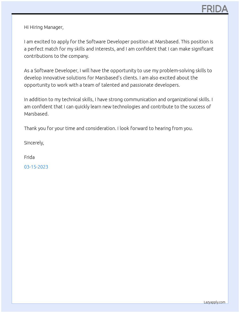 Software developer At marsbased Cover Letter