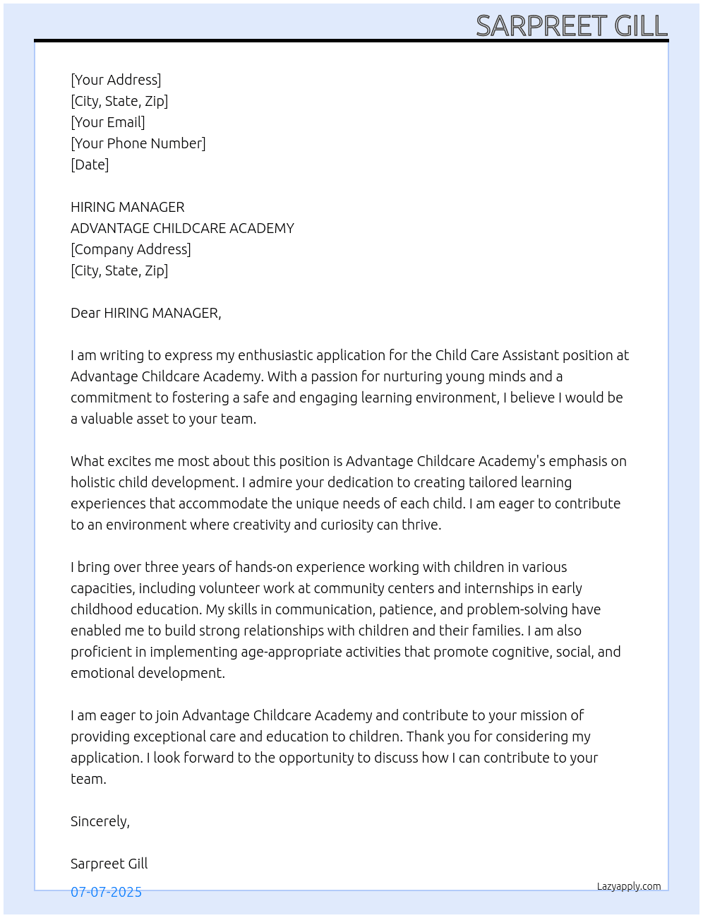 CHILD CARE ASSISTANT At ADVANTAGE CHILDCARE ACADEMY  Cover Letter