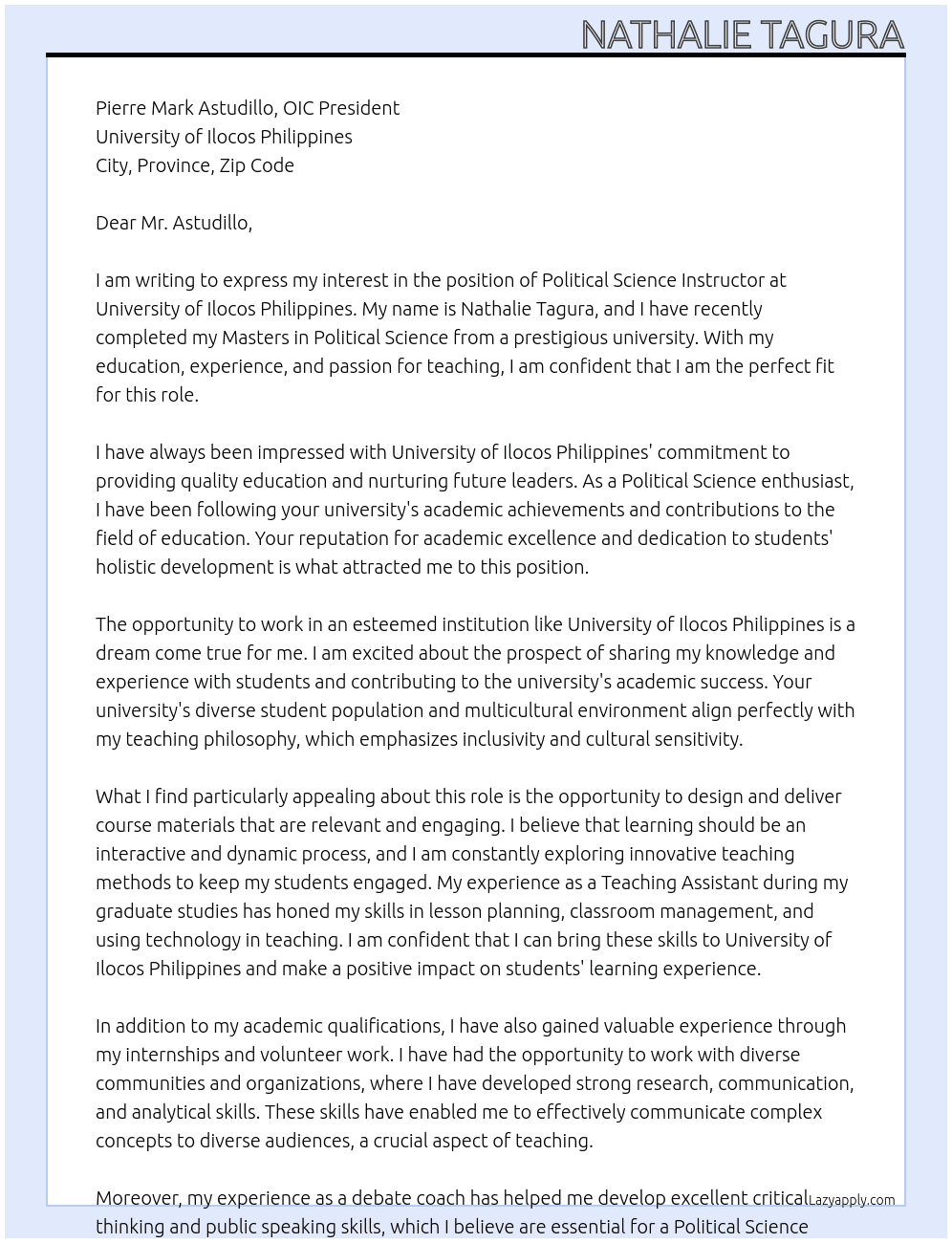 Political Science Instructor  At University of Ilocos Philippines  Cover Letter