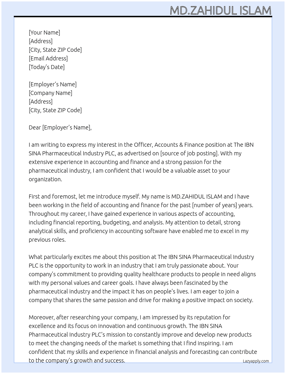 Officer, Accounts & Finance  At The IBN SINA Pharmaceutical Industry PLC Cover Letter