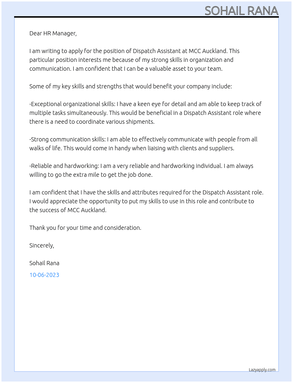 Dispatch Assistant At MCC Auckland Cover Letter