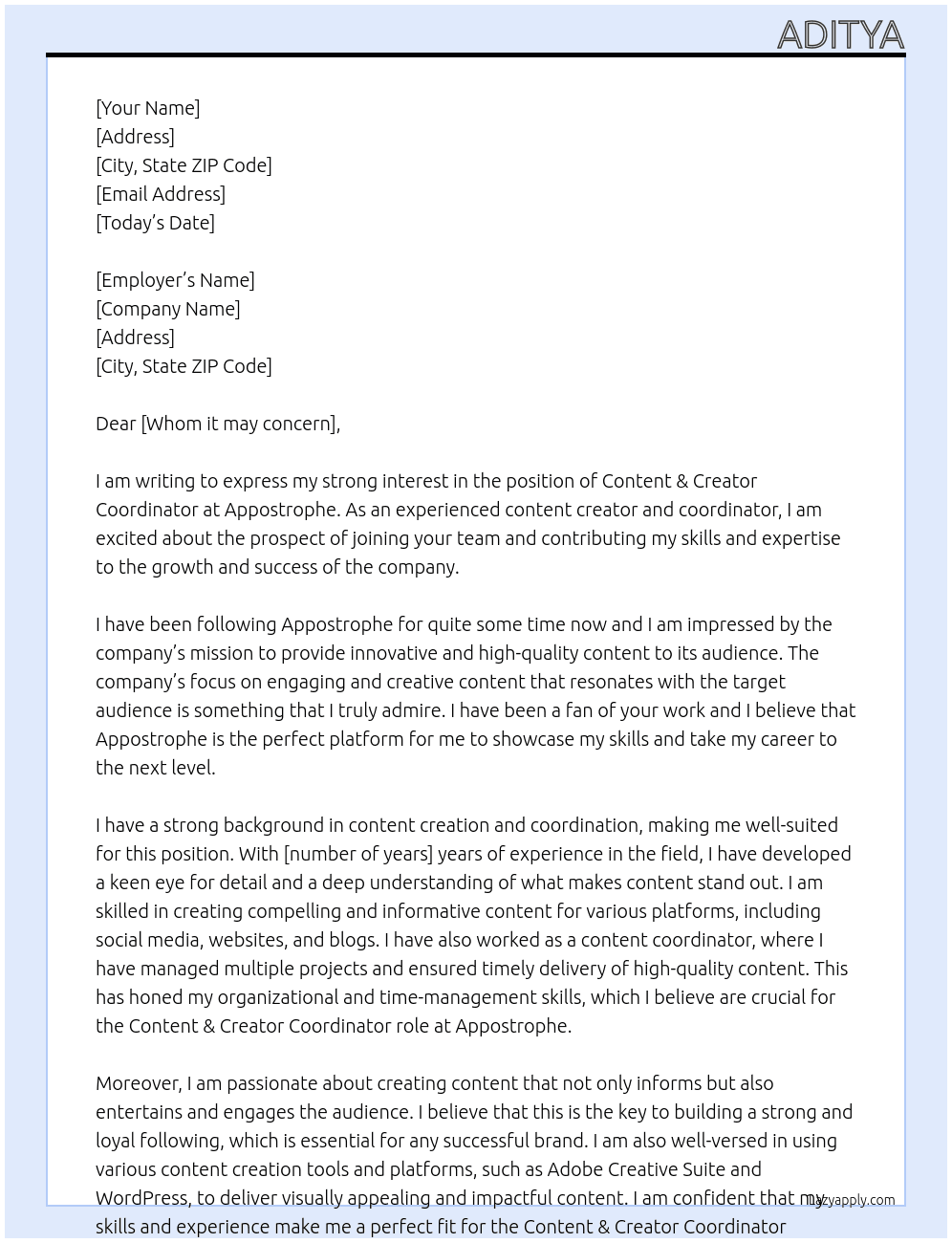 Content & Creator Coordinator At Appostrophe Cover Letter