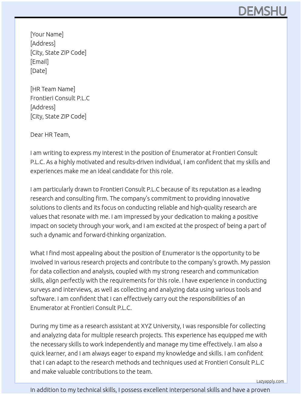 Enumerator At Frontieri Consult P.L.C Cover Letter