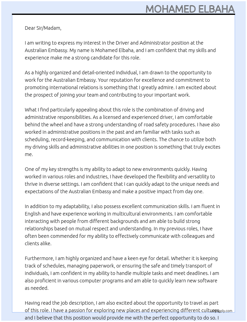 Driver and Administrator At Australian embassy Cover Letter