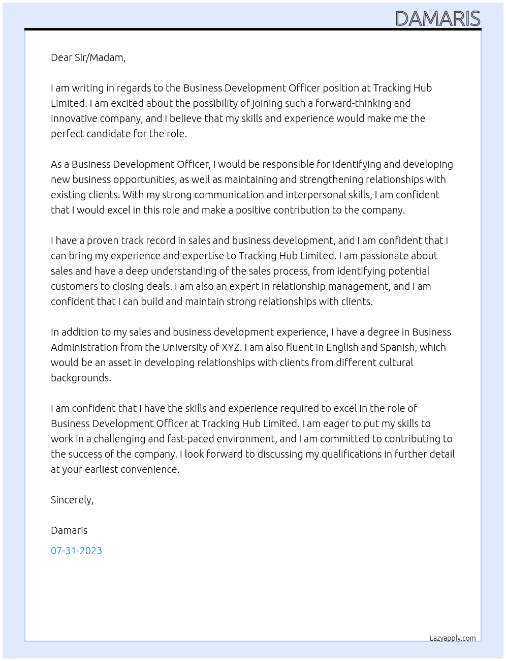 Business Development Officer  At Tracking Hub Limited  Cover Letter