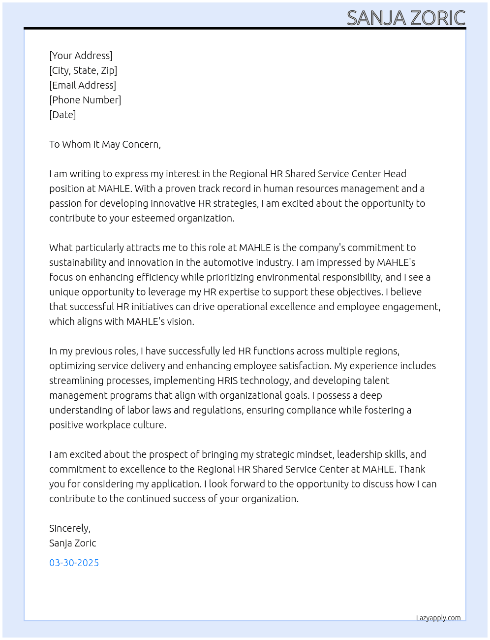 Regional HR Shared Service Center Head At MAHLE Cover Letter