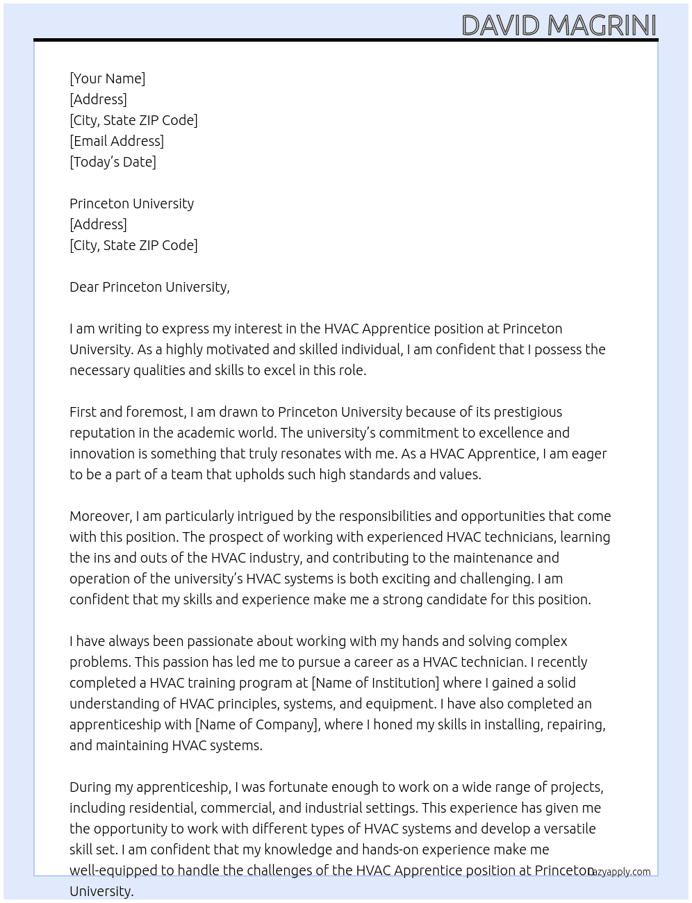 HVAC Apprentice At Princeton University Cover Letter