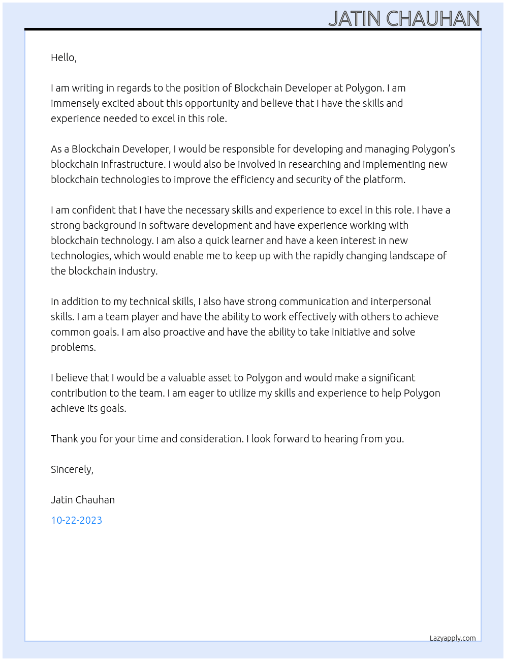 Blockchain Developer At Polygon Cover Letter