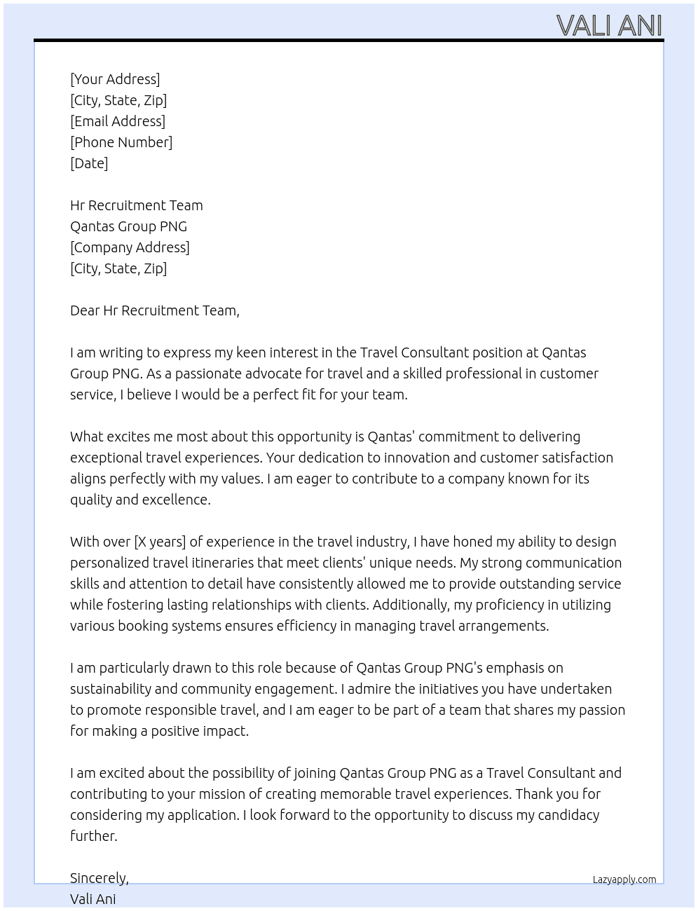 Travel consultant  At Qantas Group PNG Cover Letter