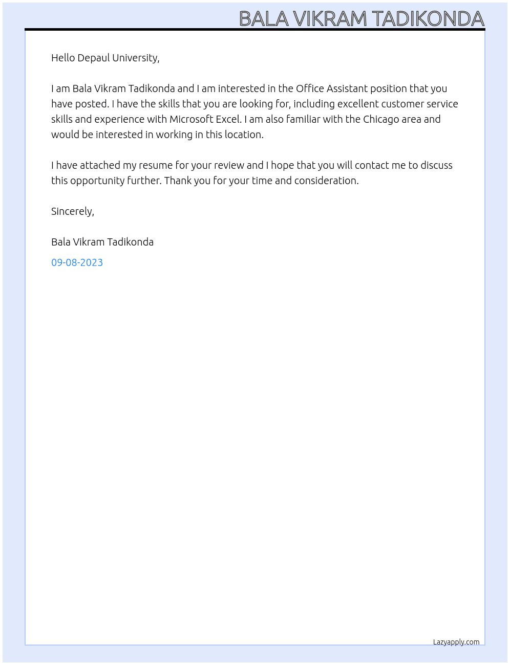  Office Assistant  At Depaul University Cover Letter