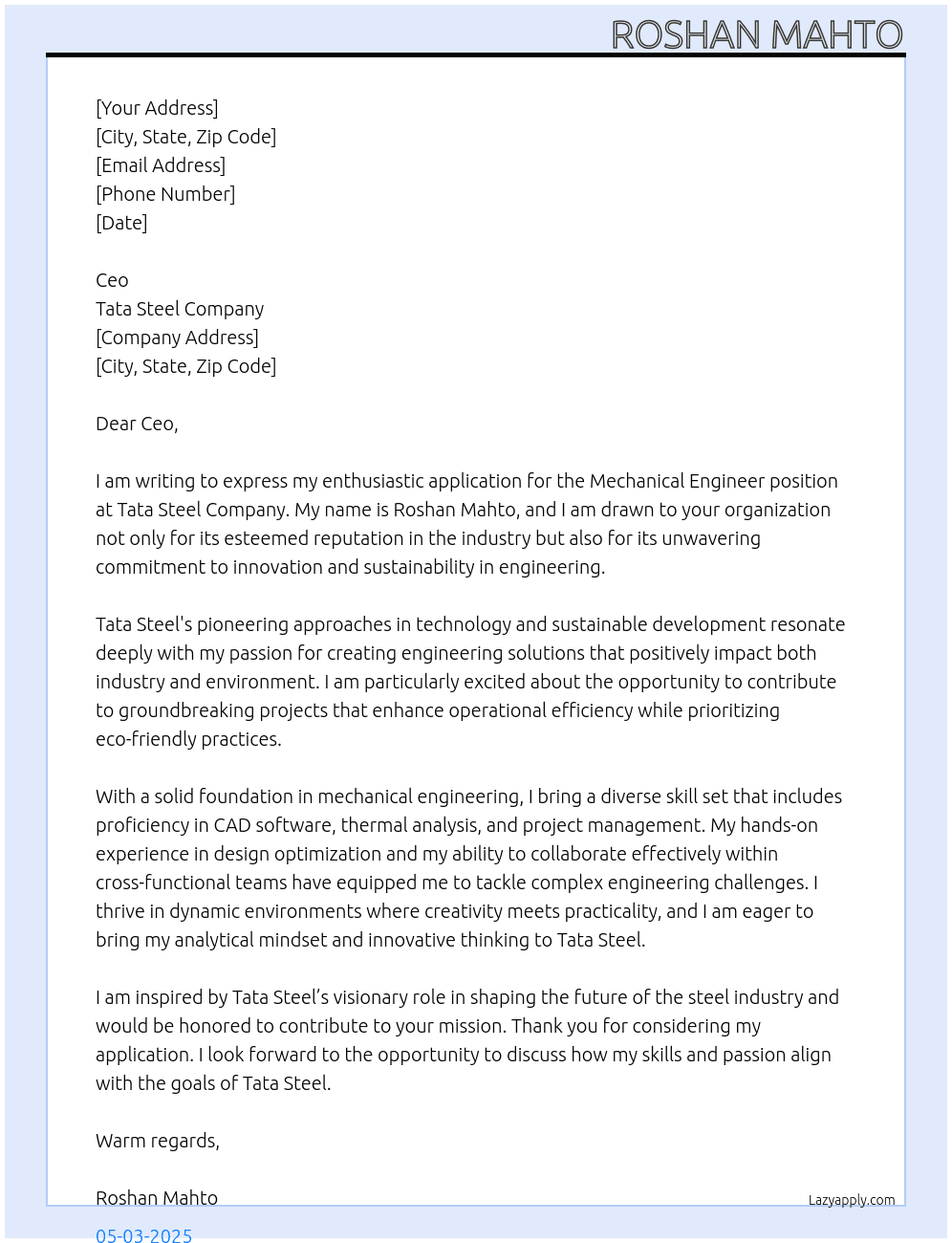 Machanical engineer At Tata steel company Cover Letter