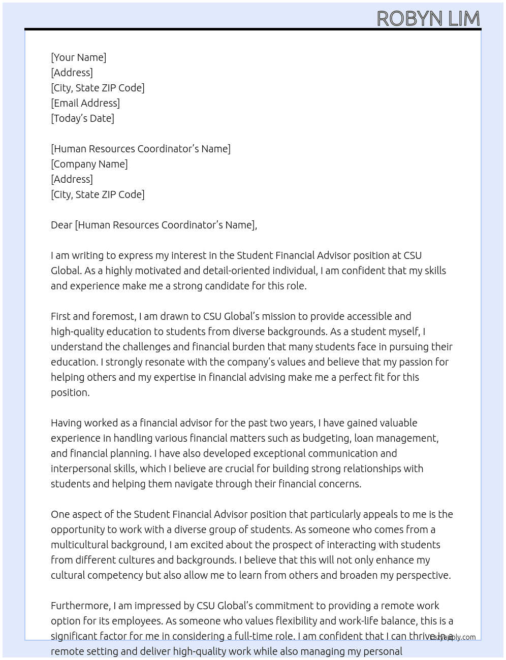 Student Financial Advisor  At CSU Global Cover Letter