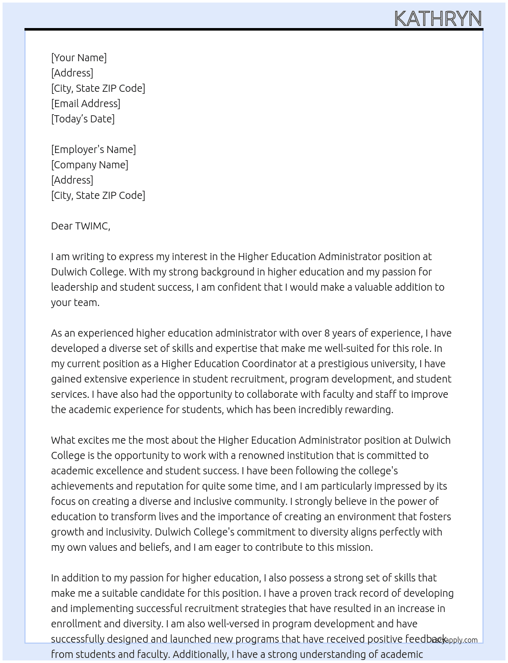Higher Education Administrator At Dulwich College Cover Letter