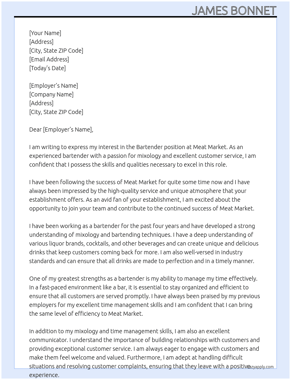 Bartender  At Meat market Cover Letter