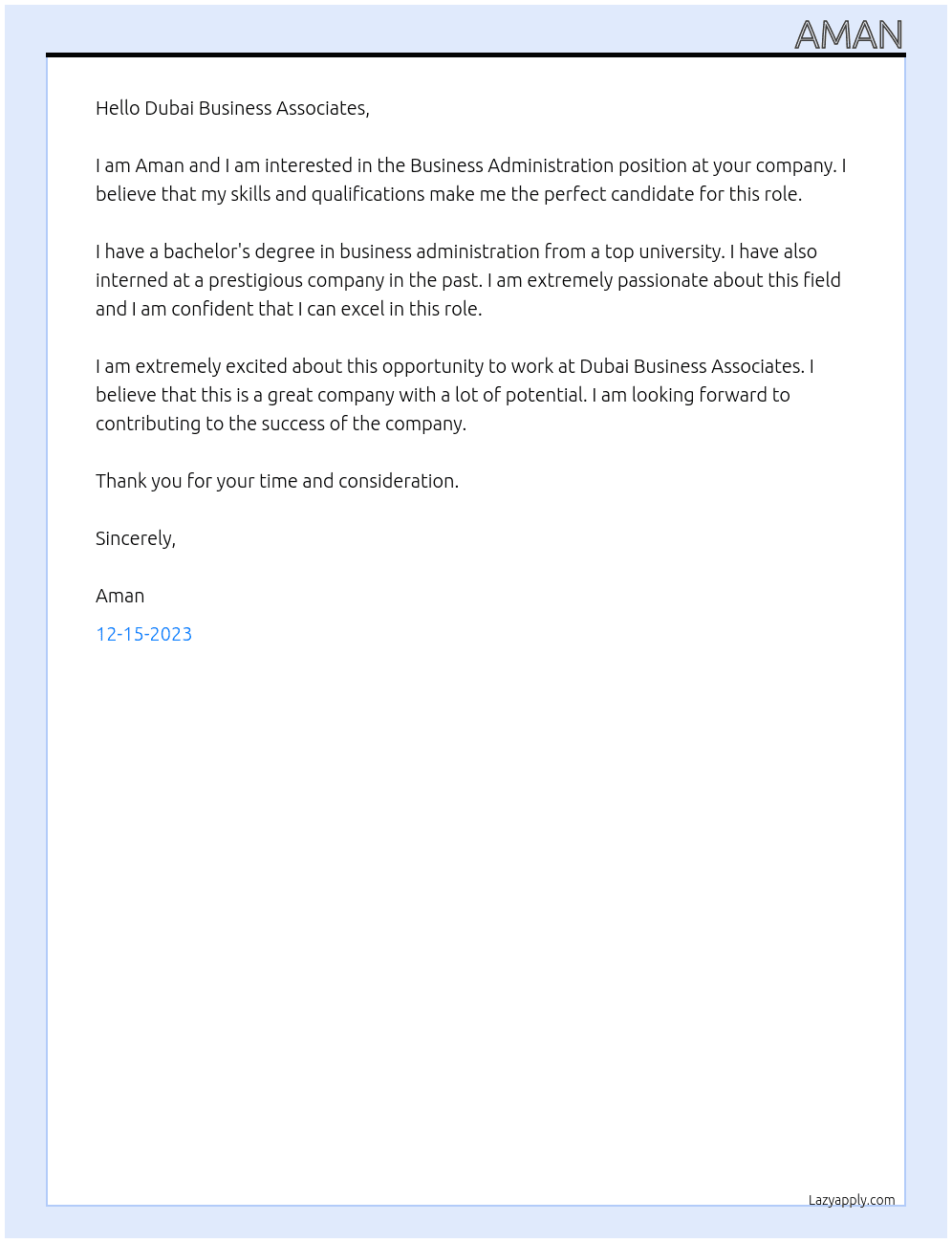 Business Administration At Dubai Business Associates Cover Letter