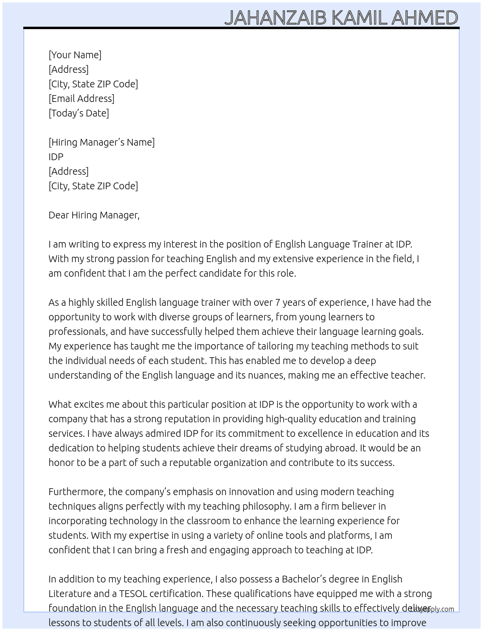 English Language trainer At IDP Cover Letter