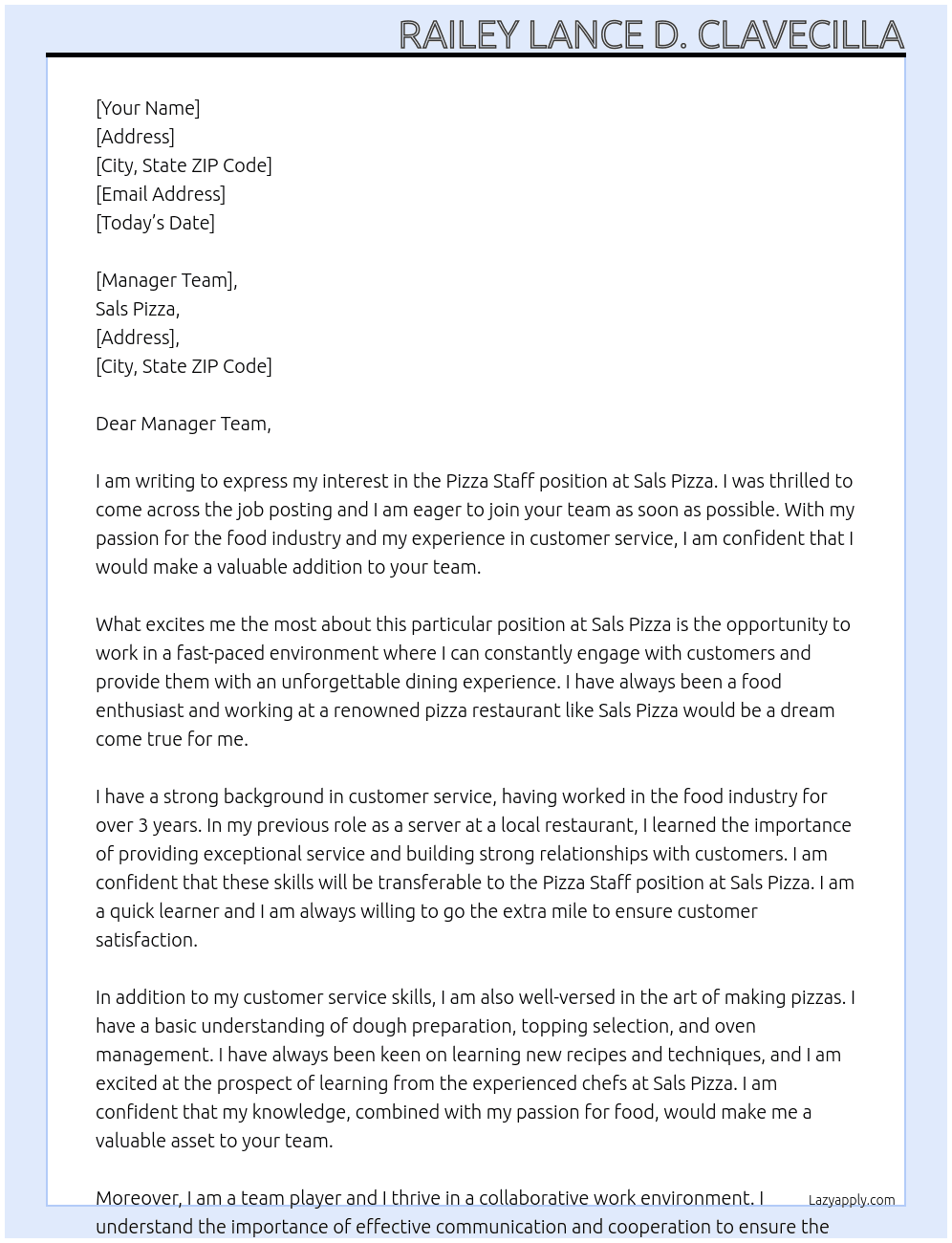 Pizza staff At Sals Pizza Cover Letter