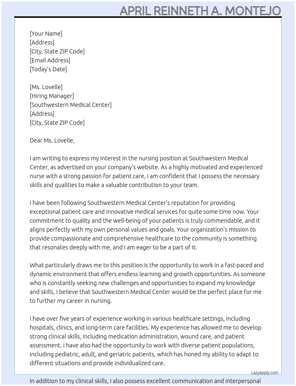 nursing At Southwestern Medical Center Cover Letter
