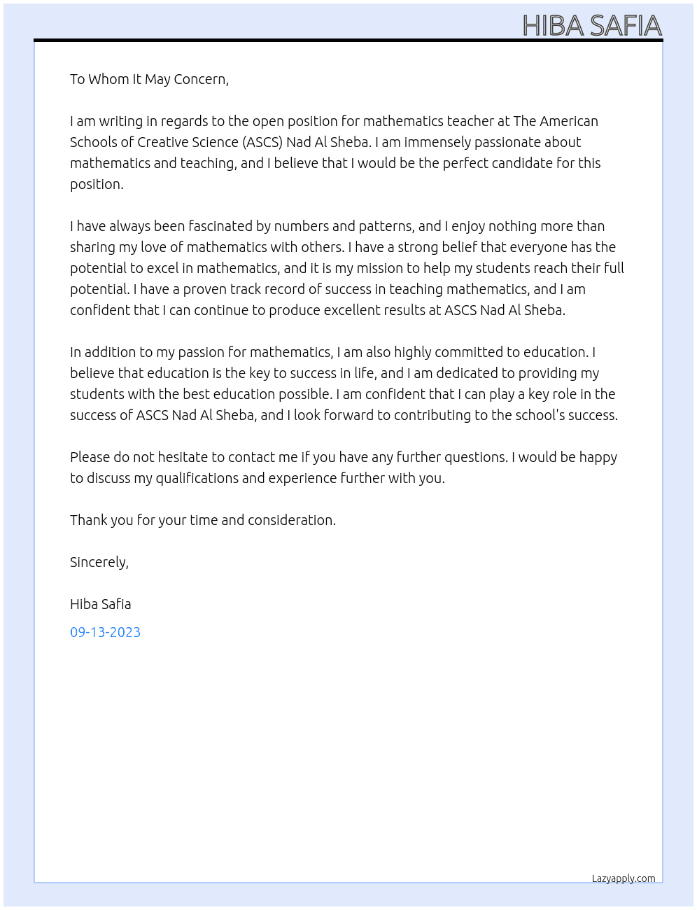 Mathematics teacher  At Bukhatir Education Advancement and Management International Cover Letter