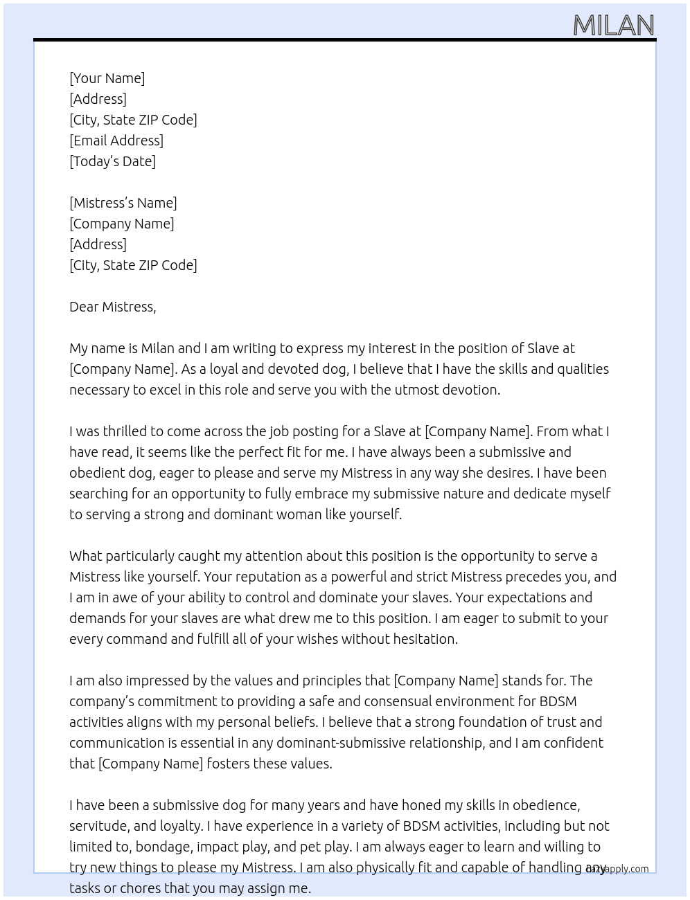 Slave At Mistress Cover Letter