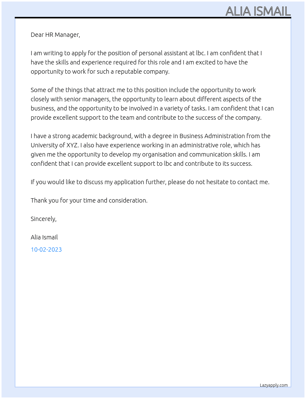 personal assistant At lbc Cover Letter