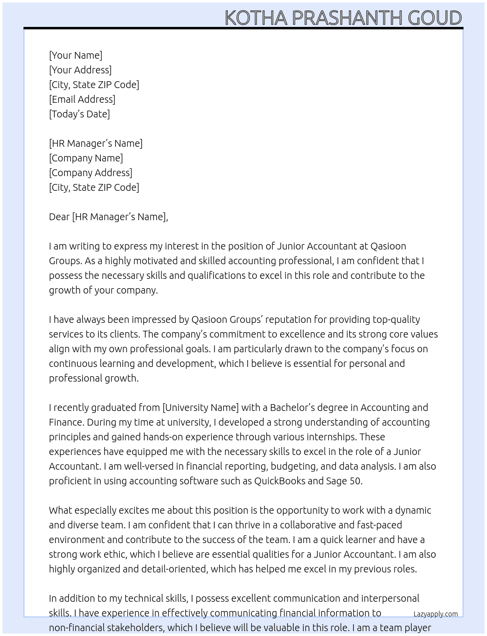 JUNIOR ACCOUNTANT At QASIOON GROUPS Cover Letter