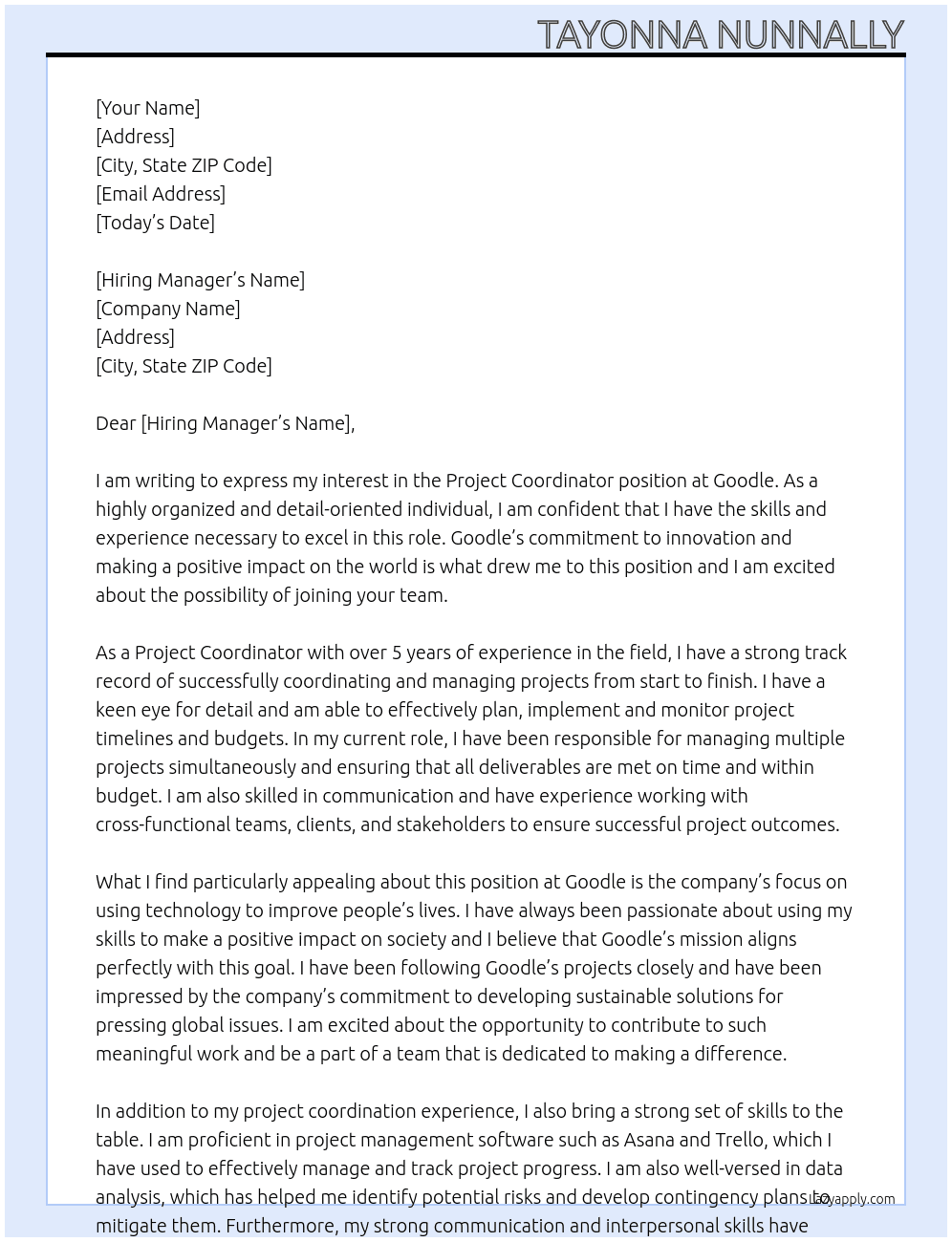 Project Coordinator At Goodle Cover Letter