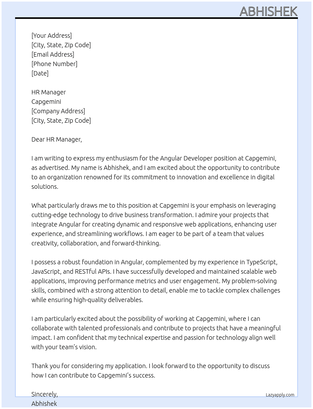 Cover letter for angular developer - LazyApply