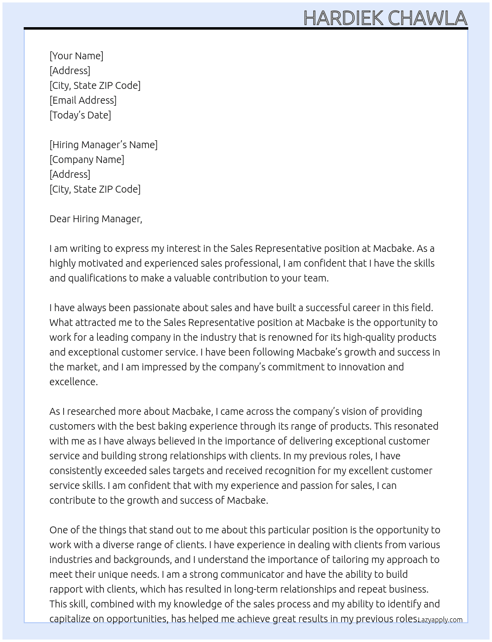 Sale Representative  At Macbake Cover Letter