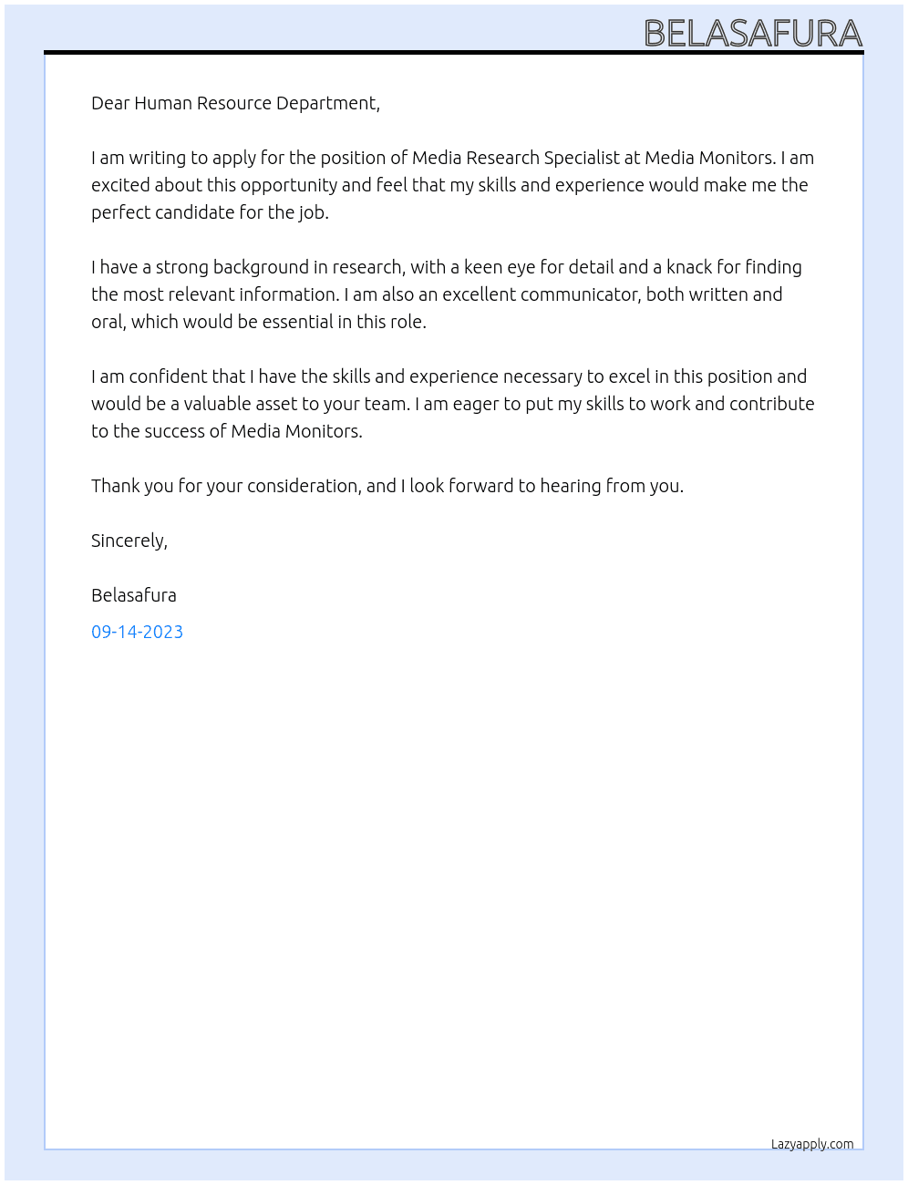 Media Research Specialist At Media Monitors Cover Letter