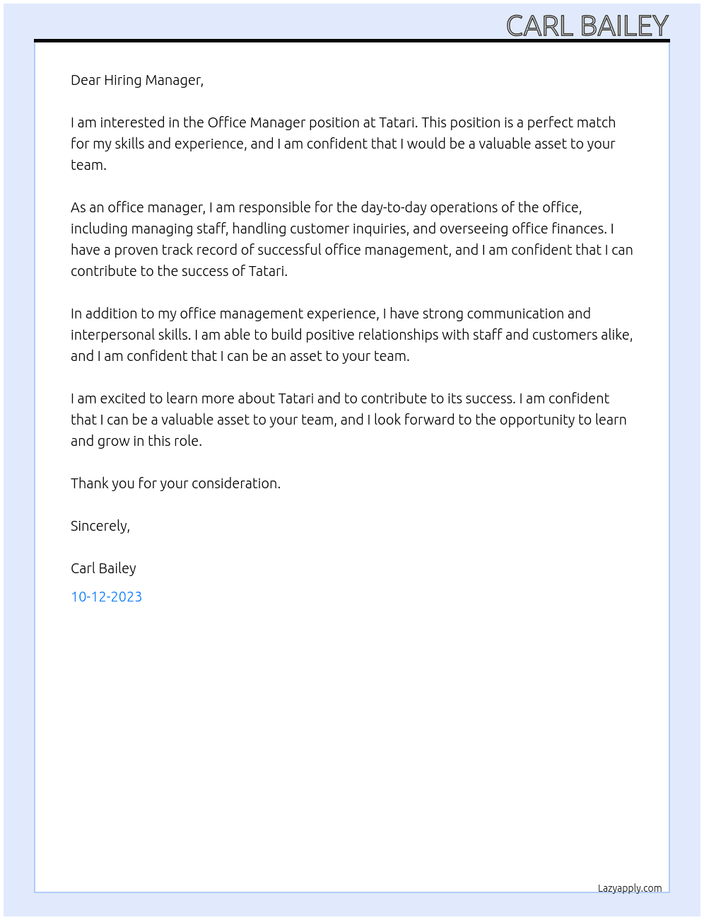 Office Manager  At Tatari Cover Letter