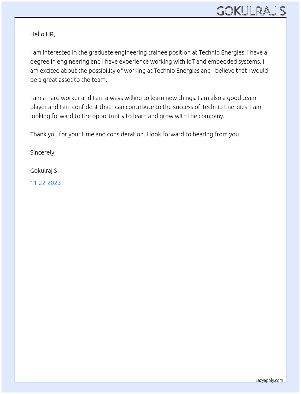 Graduate engineering trainee At Technip Energies Cover Letter