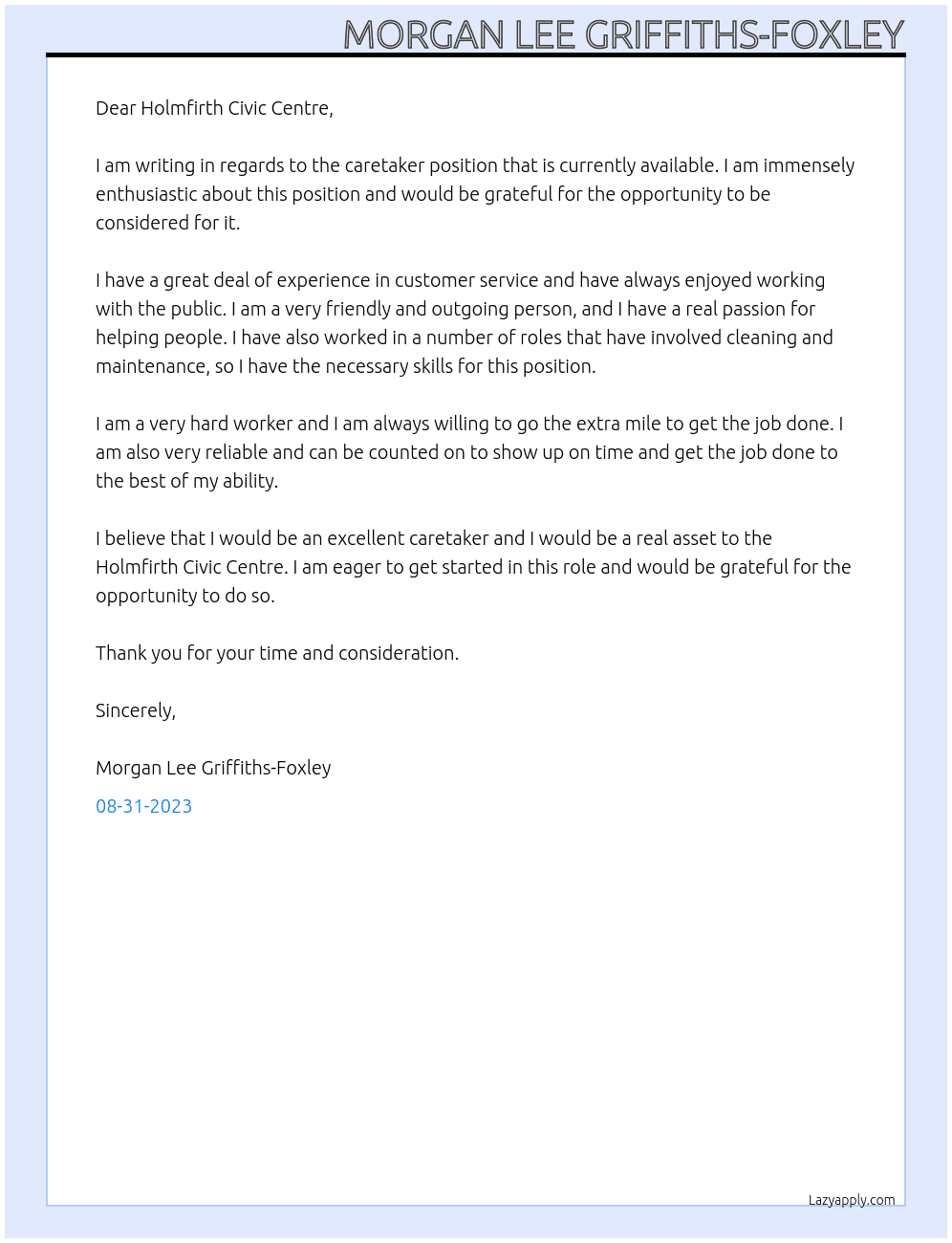 Caretaker At Holmfirth Civic Centre  Cover Letter