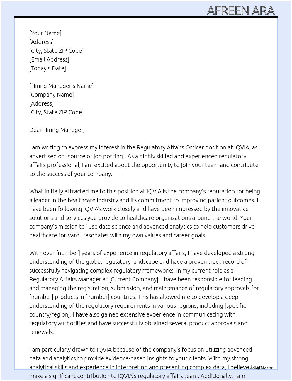 Regulatory affairs officer  At IQVIA Cover Letter