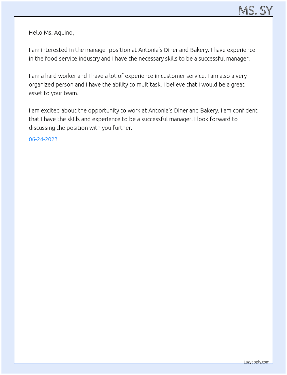 manager  At Antonia's Diner and Bakery Cover Letter