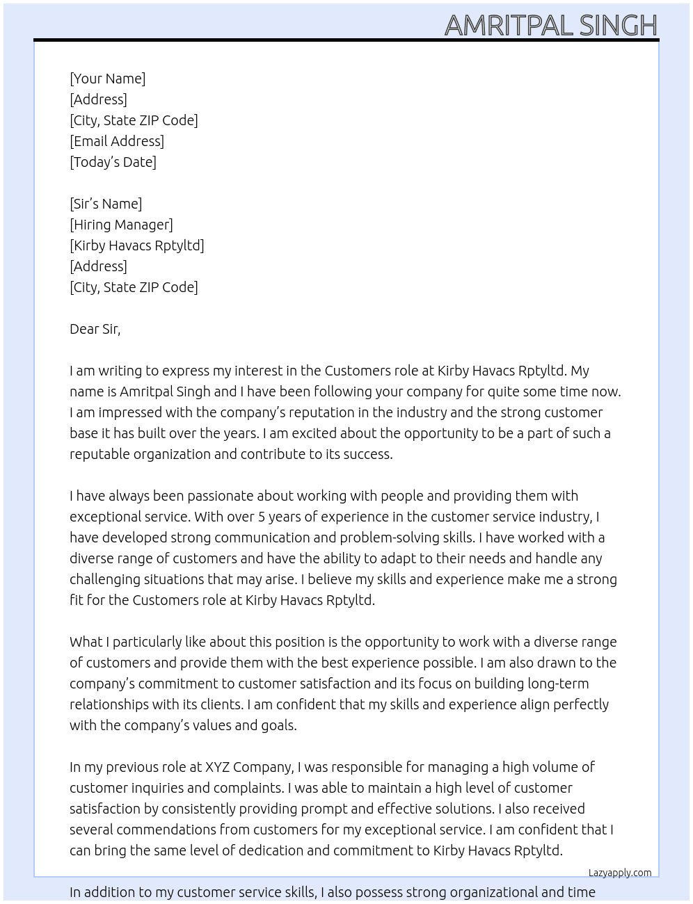 Customers  At Kirby havacs Rptyltd Cover Letter