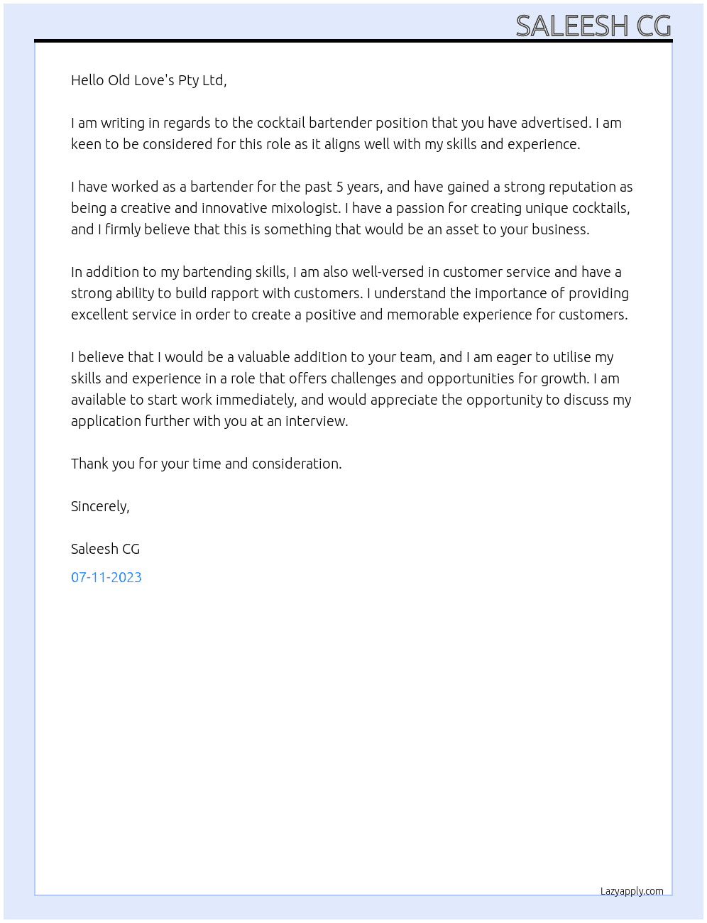 Cocktail bartender At Old love's pty Ltd Cover Letter