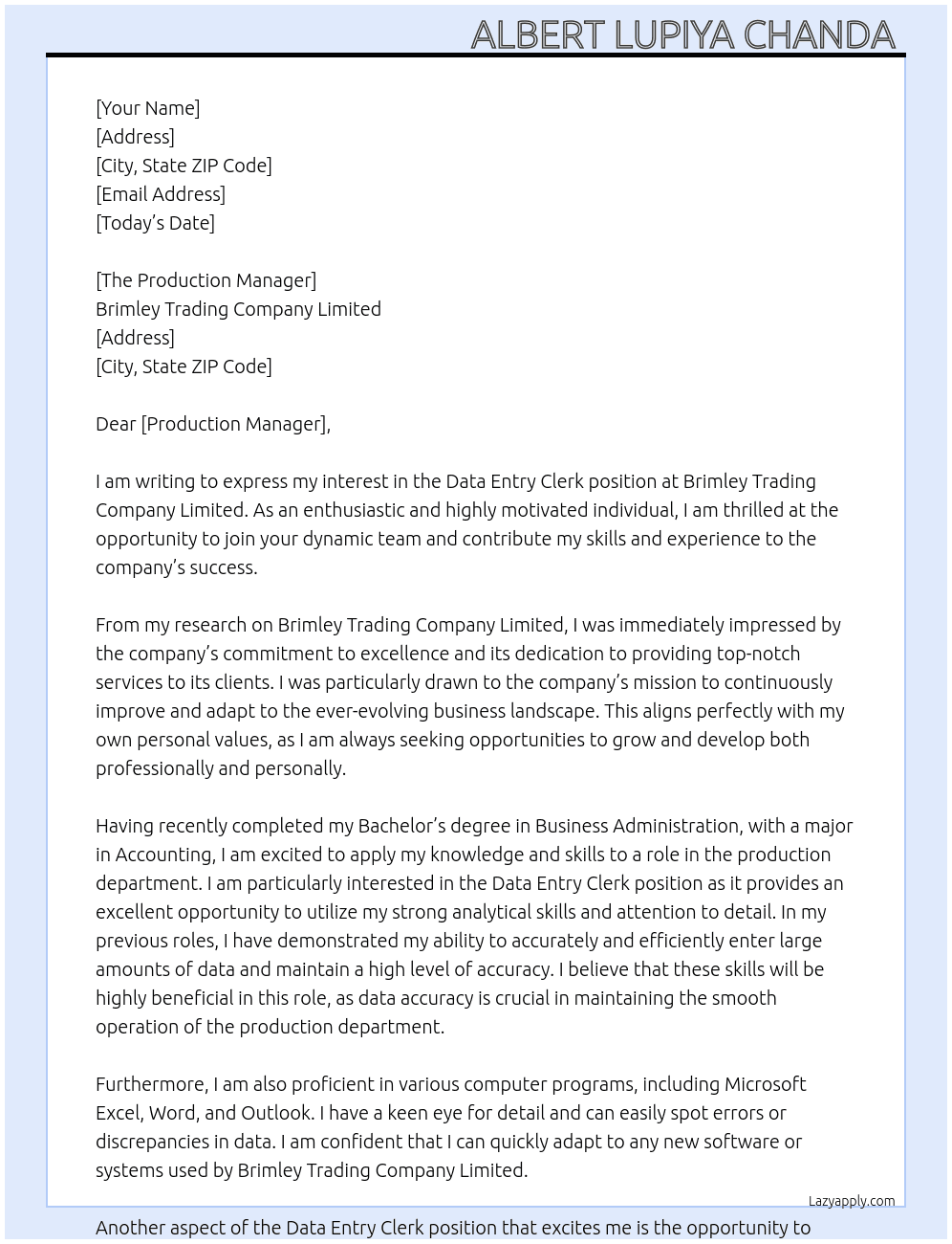 Data Entry Clerk  At Brimley Trading Company Limited  Cover Letter