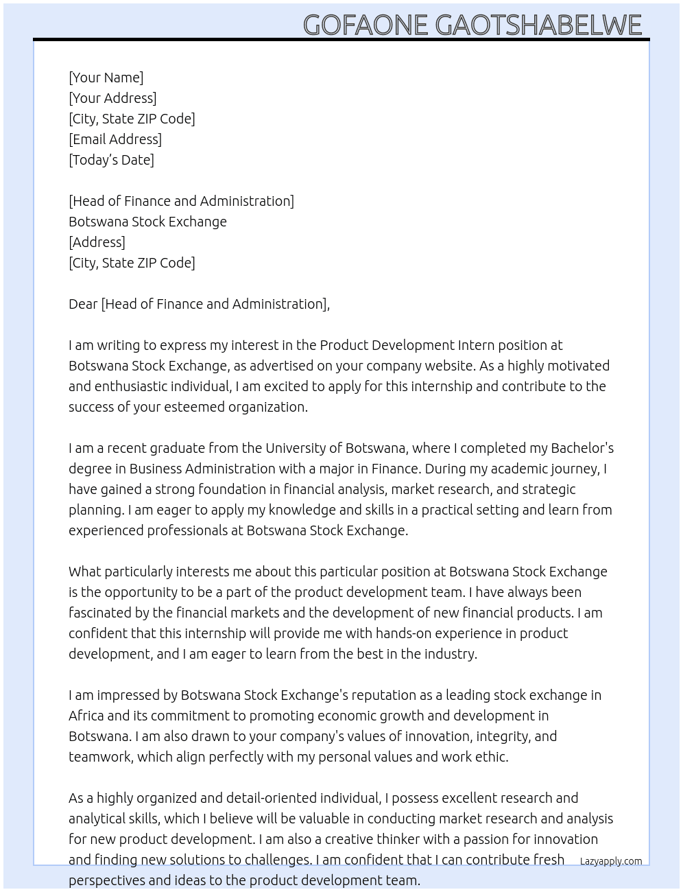 Product Development Intern At Botswana Stock Exchange  Cover Letter