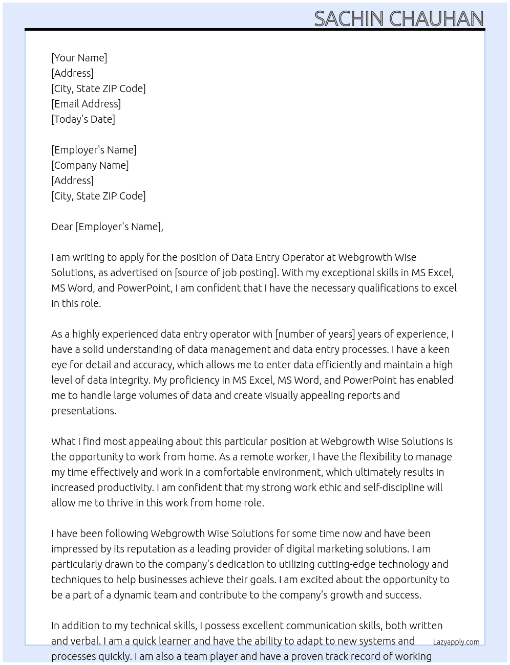 data entry operator At webgrowth wise solutions Cover Letter