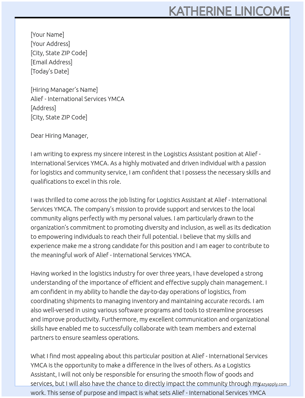 Logistics assistant At Alief - International Services YMCA  Cover Letter