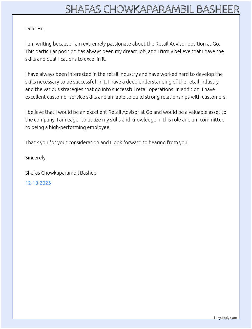 Retail Advisor At Go Cover Letter