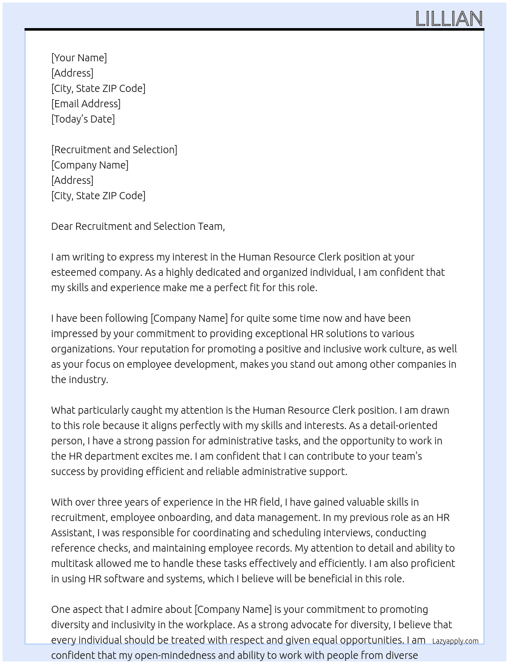 HUMAN RESOURCE CLERK At recruitment and selection Cover Letter